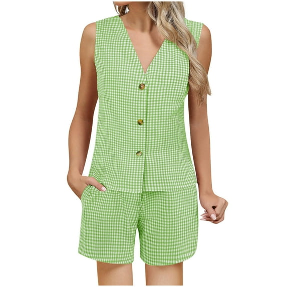 Womens Elegant 2 Piece Outfits Plaid Gingham Sets Sleeveless Button Blazer Vest Shorts Matching Lounge Set