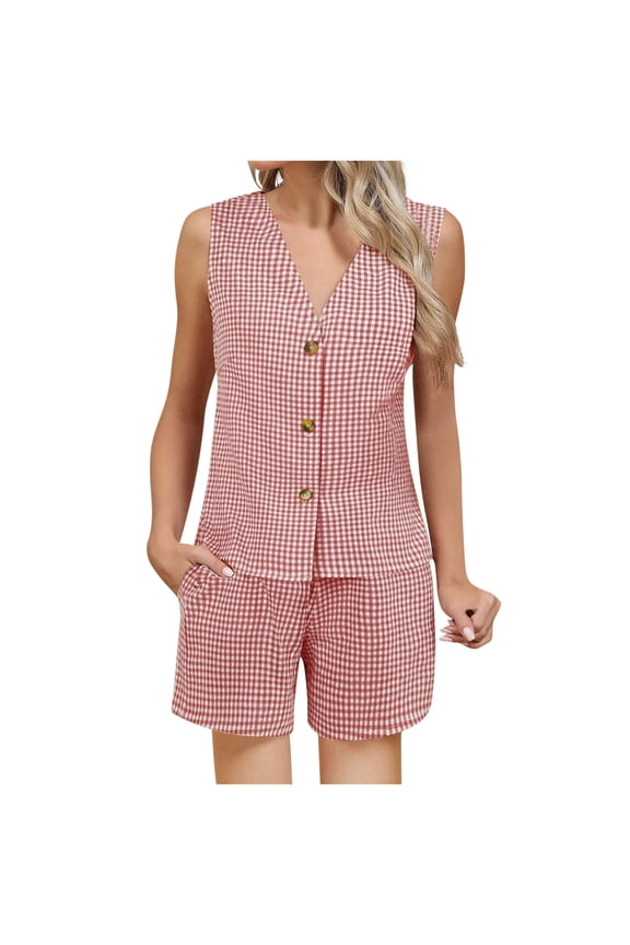 Womens Elegant 2 Piece Outfits Plaid Gingham Sets Sleeveless Button Blazer Vest Shorts Matching Lounge Set