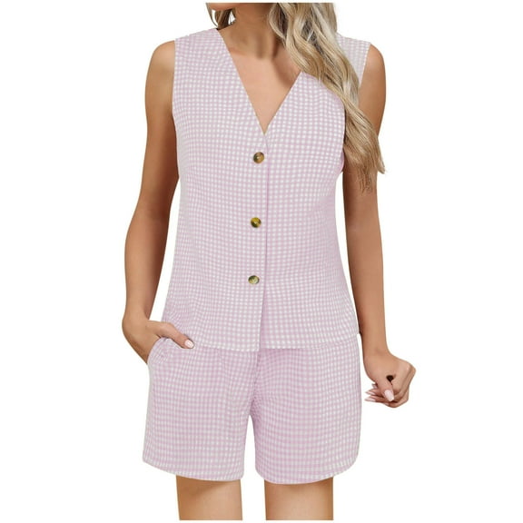 Womens Elegant 2 Piece Outfits Plaid Gingham Sets Sleeveless Button Blazer Vest Shorts Matching Lounge Set