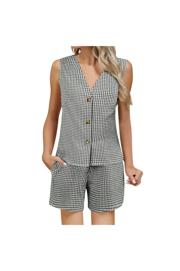 Womens Elegant 2 Piece Outfits Plaid Gingham Sets Sleeveless Button Blazer Vest Shorts Matching Lounge Set
