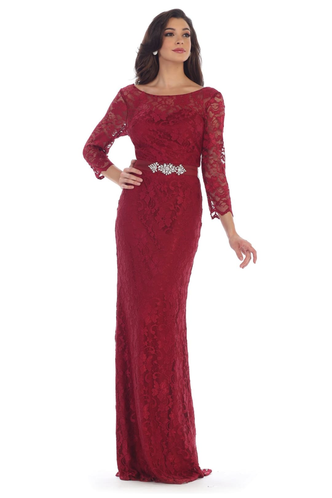 Womens Elegant 3/4 Sleeve Lace Evening Gown & Plus Size