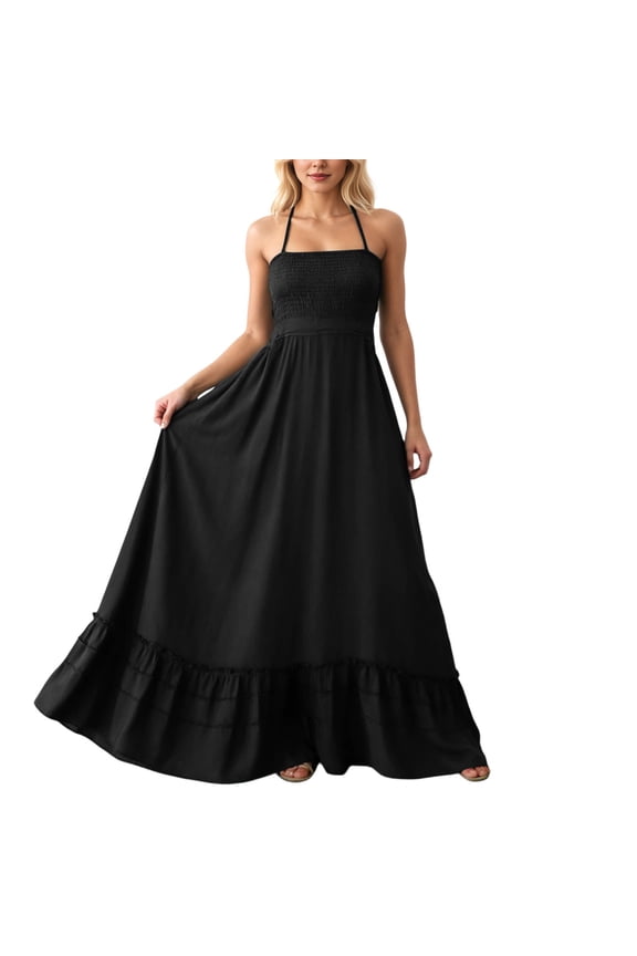 Womens Elegant Backless Maxi Dress Flowy Bohemian Beach Gown Sleeveless Halter Neck Side Slit Black L
