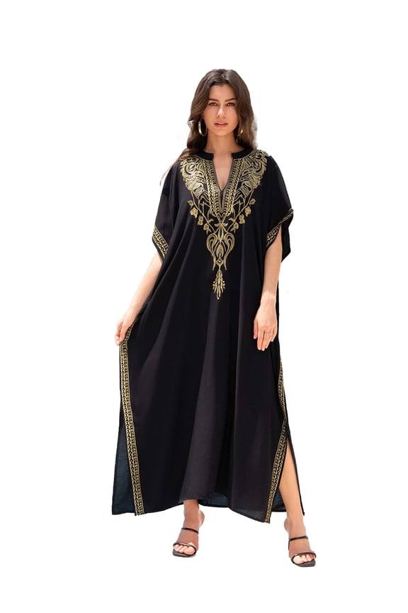 Womens Elegant Black Kaftan Dress Gold Embroidery V Neck Loose Maxi Gown Beach Resort Evening Party Wear