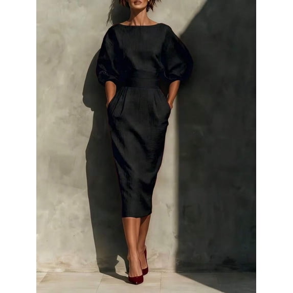 Womens Elegant Black Midi Dress, Boat Neckline, Puff Sleeves, Pleated Waist
