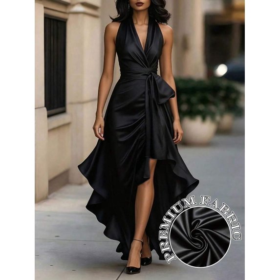 Womens Elegant Black Satin Halter High-Low Ruffle Evening Gown