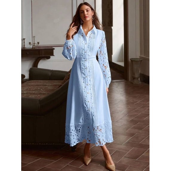 Womens Elegant Blue Long Dress with Hollow Lace Patchwork and Button