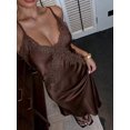 thumbnail image 1 of Womens Elegant Brown Satin Slip Dress With Lace Trim, Sexy V-Neck Midi, 1 of 11