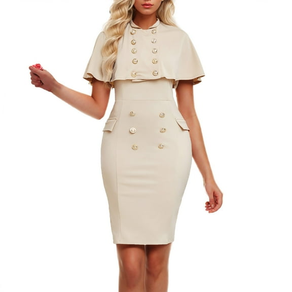 Womens Elegant Cape Pencil Dress Double-Breasted Work Business Office Casual Cocktail Bodycon Midi Dresses