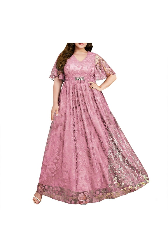 Womens Elegant Chiffon Evening Gowns Plus Size Floral Lace High Waist Formal Dress Flutter Long Maxi Dresses Hot Pink, XL