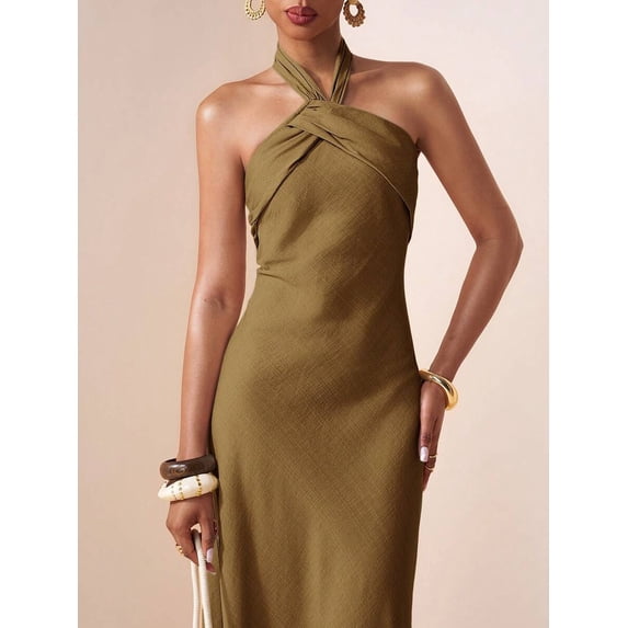 Womens Elegant Coffee Brown Halter Neck Maxi Dress With Twist Detail