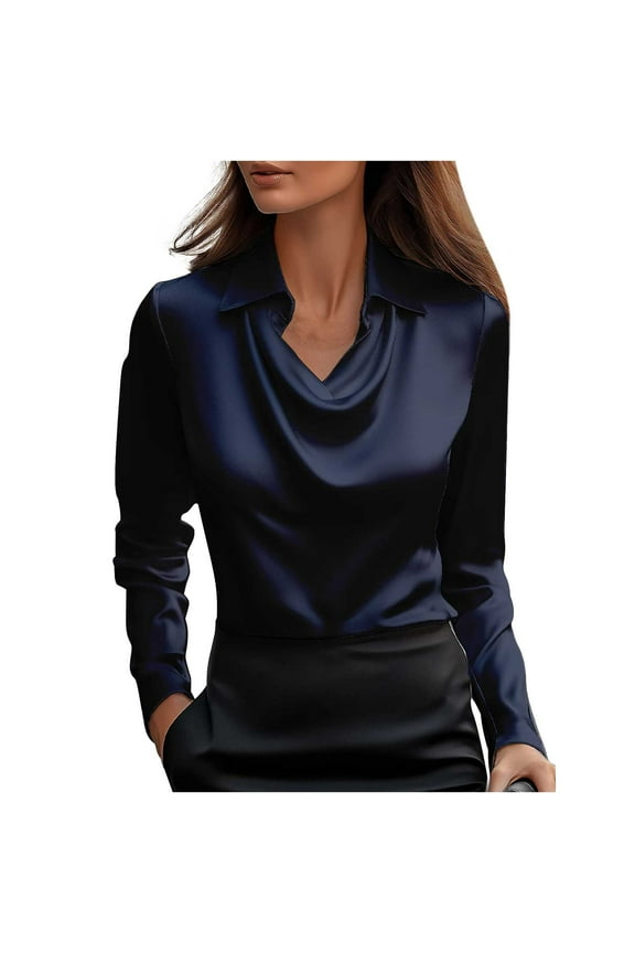 Womens Elegant Cowl Neck Satin Blouse Fashion Long Sleeve Office Work Shirt Silk Top 2025 Fall Outfits