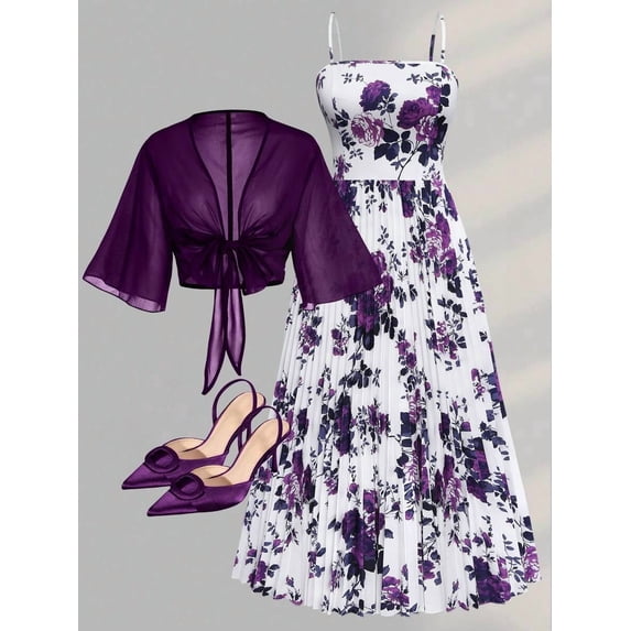 Womens Elegant Dark Purple Floral Chiffon Dress with Shawl Wrap 2-Piece