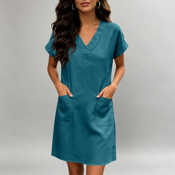 Womens Elegant Double Pocket Dress V Neck Mini Fashionable Casual Dress, M