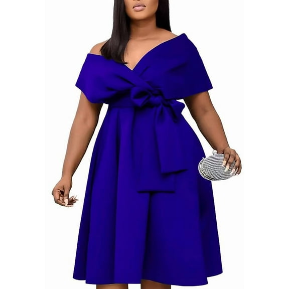 Womens Elegant Dress Cap Sleeve Bow Tunic Dresses Fall A Line Midi Casual Dress