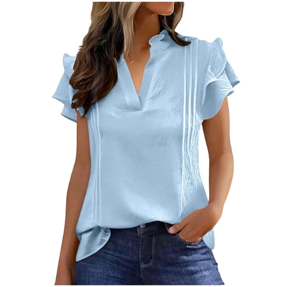 Womens Elegant Dressy Casual Tops V Neck Short Sleeve Ruffle Shirts 2026 Business Work Blouse