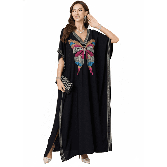 Womens Elegant Embroidered Butterfly Kaftan Dress V-Neck Side Slits Loose Fit Long Maxi Gown for Evening Parties Casual Chic