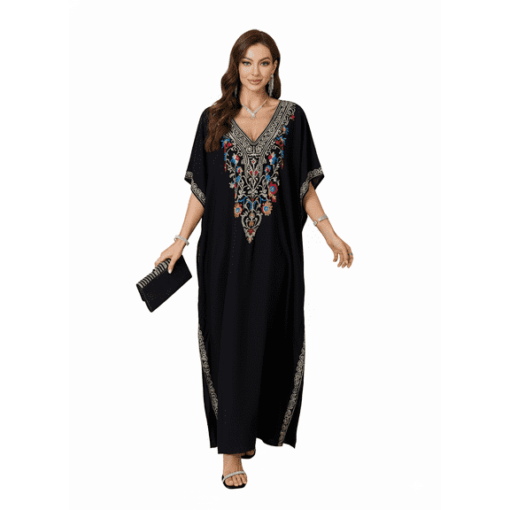 Womens Elegant Embroidered Kaftan Dress Loose Fit V Neck Bohemian Maxi Gown with Vibrant Tribal Detailing for Evening Party