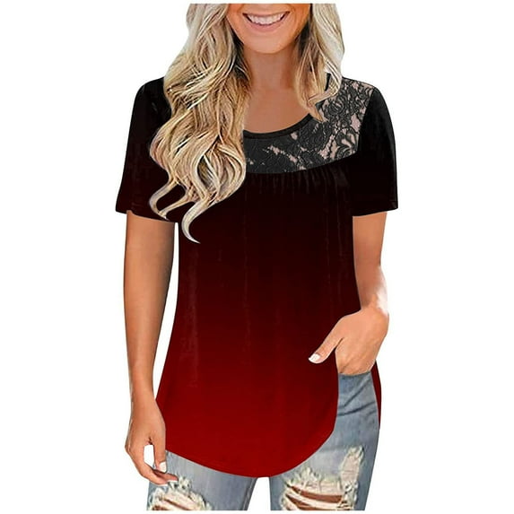 Womens Elegant Floral Lace Summer Short Sleeve Blouse Crewneck Ruched T Shirts Tuncis Tee Tops for Summer Casual
