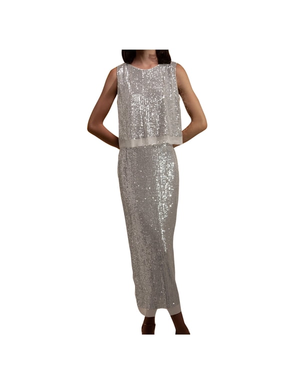 Womens Elegant Glitter 2 Piece Outfits Sequin Sleeveless Crop Tank Top Sparkle Maxi Pencil Skirt Set Party Clubwear