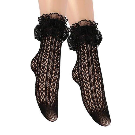 Womens Elegant Lace Ankle Socks Hollowout Fishnets Pattern Short Socks Sheer Breathable Ruffle Frilly Mesh Socks Hosiery