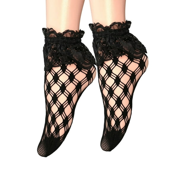 Womens Elegant Lace Ankle Socks Hollowout Fishnets Pattern Short Socks Sheer Breathable Ruffle Frilly Mesh Socks Hosiery