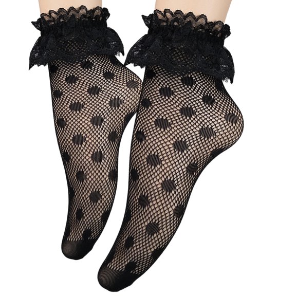 Womens Elegant Lace Ankle Socks Hollowout Fishnets Pattern Short Socks Sheer Breathable Ruffle Frilly Mesh Socks Hosiery