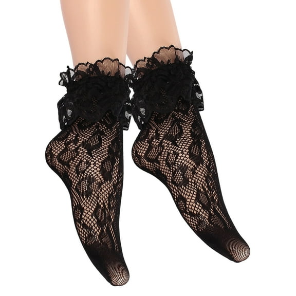 Womens Elegant Lace Ankle Socks Hollowout Fishnets Pattern Short Socks Sheer Breathable Ruffle Frilly Mesh Socks Hosiery