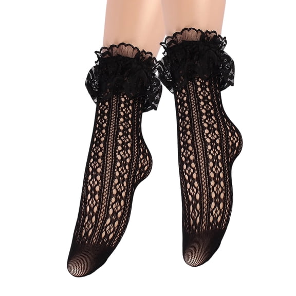 Womens Elegant Lace Ankle Socks Hollowout Fishnets Pattern Short Socks Sheer Breathable Ruffle Frilly Mesh Socks Hosiery