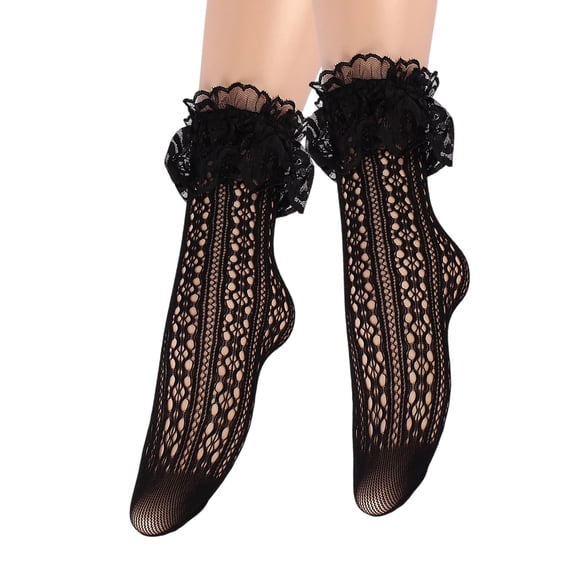 Womens Elegant Lace Ankle Socks Hollowout Fishnets Pattern Short Socks Sheer Breathable Ruffle Frilly Mesh Socks Hosiery