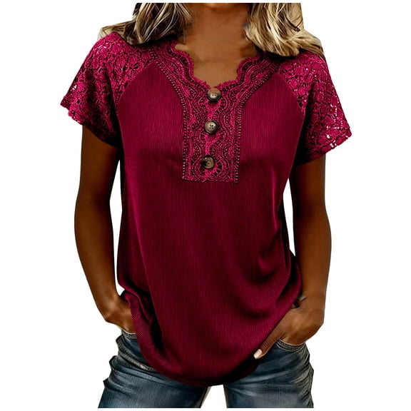 Womens Elegant Lace Crochet V-Neck Top Casaul Short Sleeve Button Up Comfy Hollow Tshirt Solid Commuter Tops