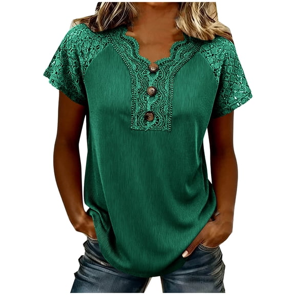 Womens Elegant Lace Crochet V-Neck Top Casaul Short Sleeve Button Up Comfy Hollow Tshirt Solid Commuter Tops