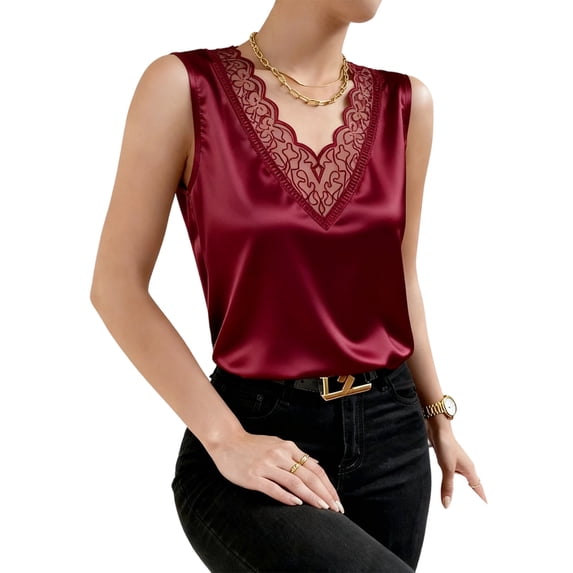 Womens Elegant Lace Trim V Neck Satin Tank Top Glossy Silk Sleeveless Camisole Slim Fit Basic Inner Layering Blouse For Daily Office Night Out Summer Outfit