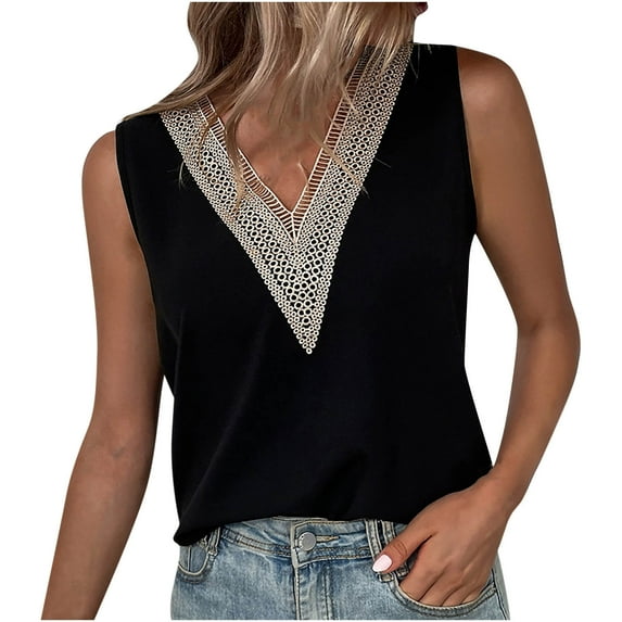 Womens Elegant Lace V Neck Tank Tops Sleeveless Chiffon Tanks Shirts Loose Summer T Shirts Blouse for Casual Work