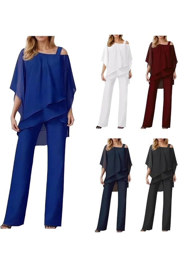Womens Elegant Layered Chiffon Top & Wide-Leg Pants Set,New Casual Irregular Flowy Pant Suits for Women