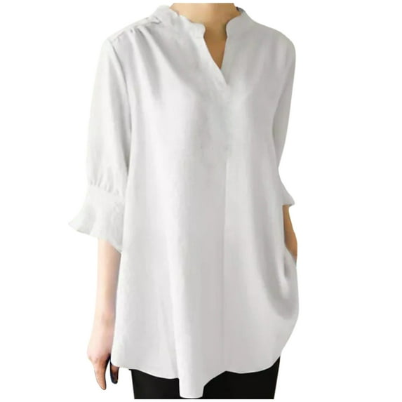 Womens Elegant Linen Shirts Solid Color V Neck 3/4 Sleeve Spring Tops Lightweight Flowy Casual Summer Tops 2024
