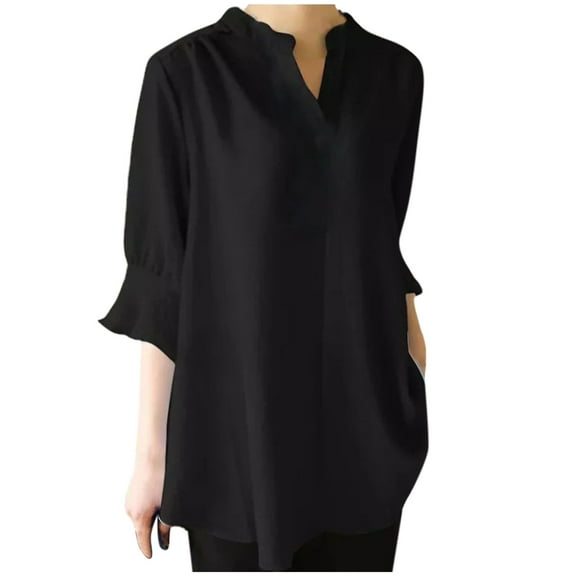 Womens Elegant Linen Shirts Solid Color V Neck 3/4 Sleeve Spring Tops Lightweight Flowy Casual Summer Tops 2025