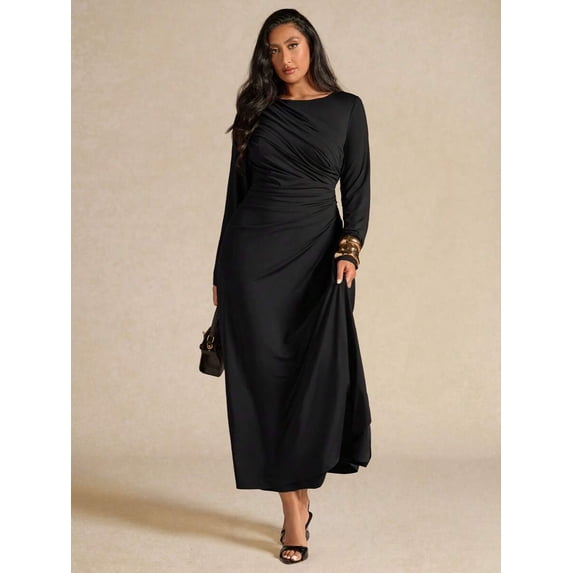 Womens Elegant Long Sleeve Black Pleated Dress