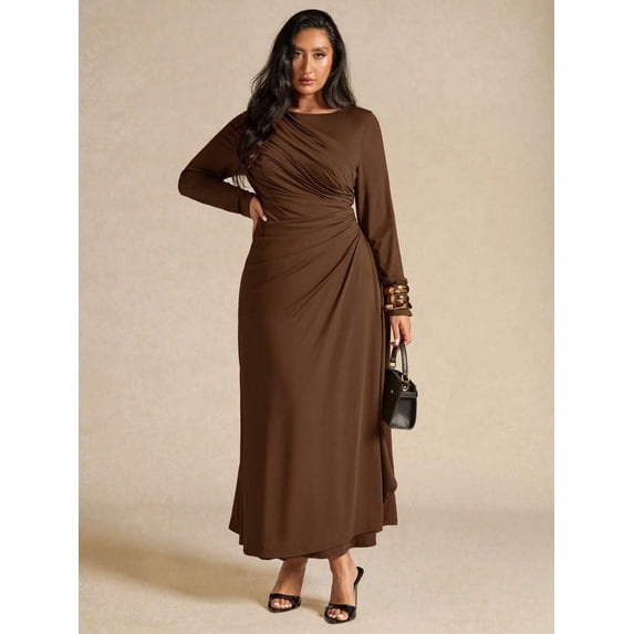 Womens Elegant Long Sleeve Brown Pleated Maxi Dress
