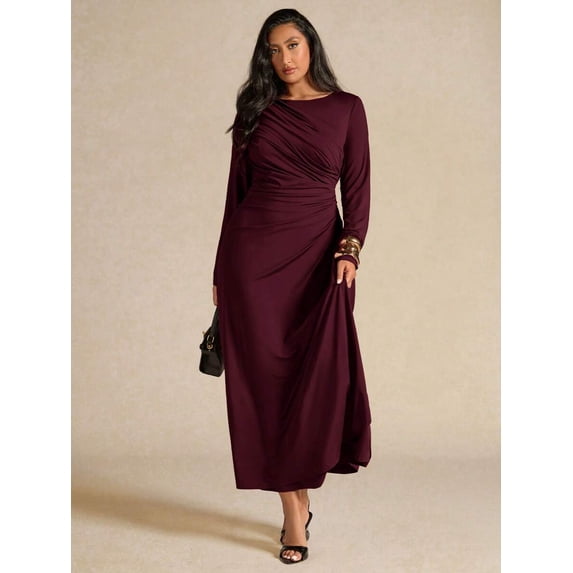Womens Elegant Long Sleeve Burgundy Pleated Maxi Dress