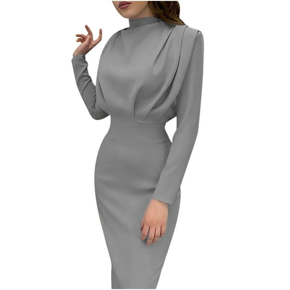 Womens Elegant Long Sleeve High Neck Business Dress Solid Tunic Slim Fit Casual Evening Homecoming Dress