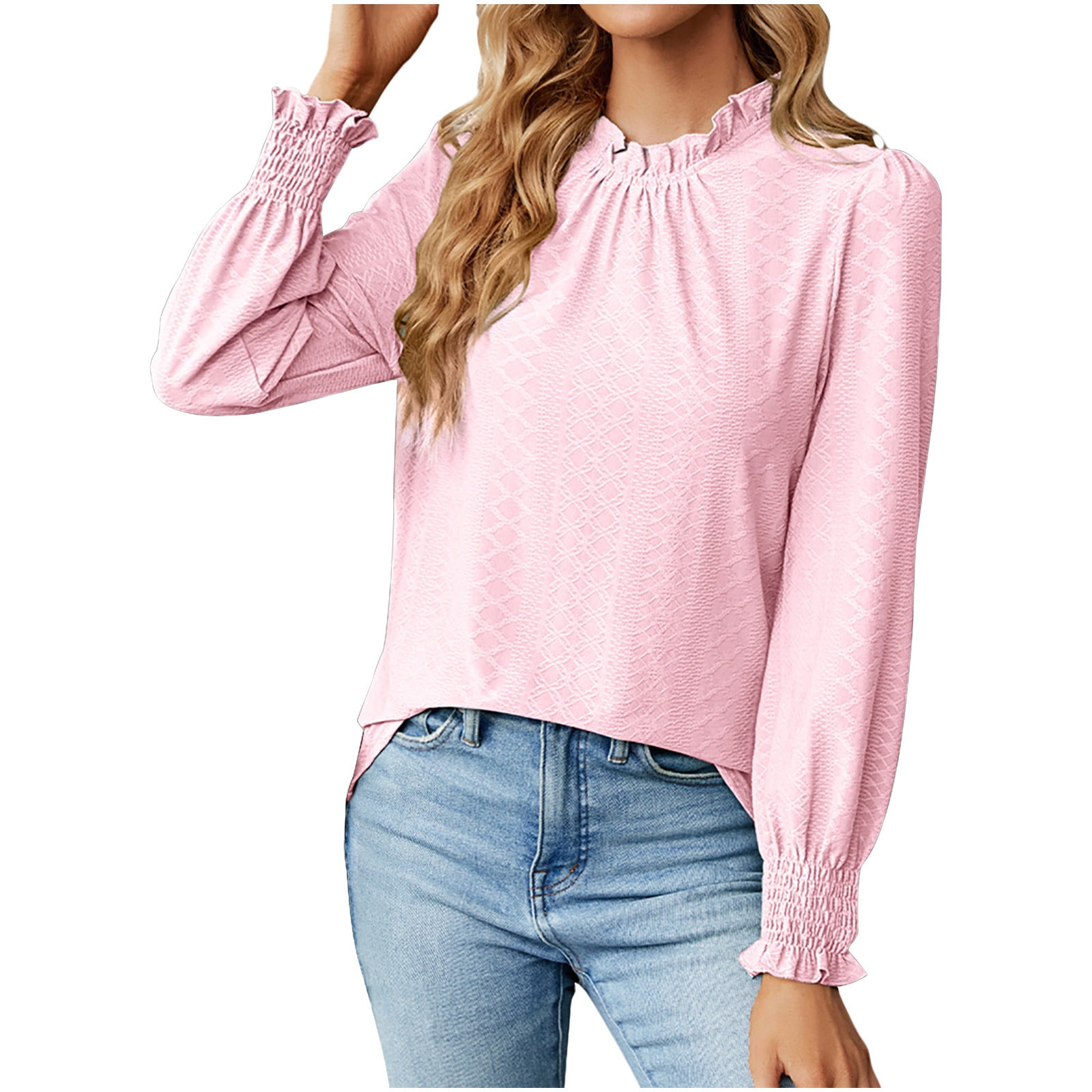 Womens Elegant Long Sleeve Tops Ruffle Mock Neck Solid Color