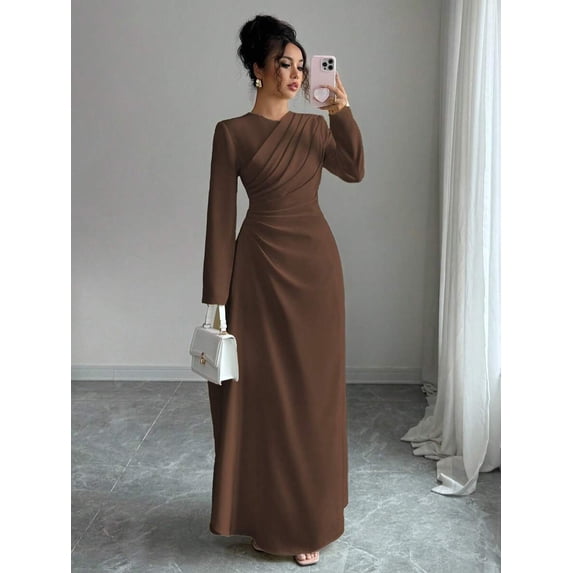 Womens Elegant Mocha Brown Long Sleeve Maxi Dress - Round Neck Waist