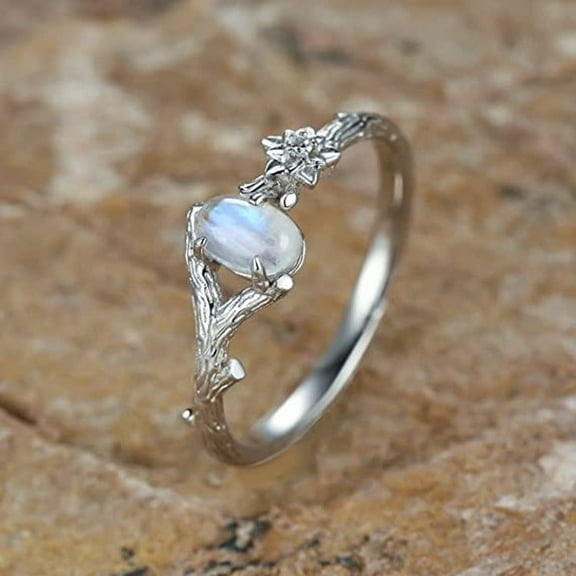 Womens Ring with Natural Moonstone Inlay Vintage Silver Finish Ancient Tree Geometric Design Alloy Finger Ring Fashion