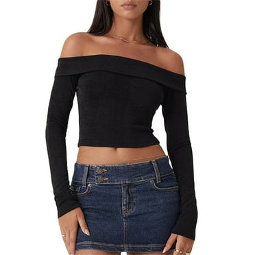 Womens Elegant Off Shoulder Long Sleeve Slim Fit Stretch Blouse Top Tee Backless Ribbed Knit Wrap Tee Crop Top
