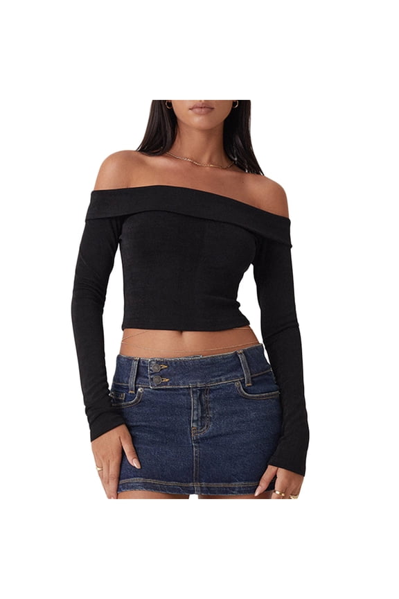 Womens Elegant Off Shoulder Long Sleeve Slim Fit Stretch Blouse Top Tee Backless Ribbed Knit Wrap Tee Crop Top