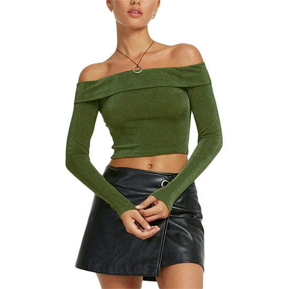 Womens Elegant Off Shoulder Long Sleeve Slim Fit Stretch Blouse Top Tee Backless Ribbed Knit Wrap Tee Crop Top