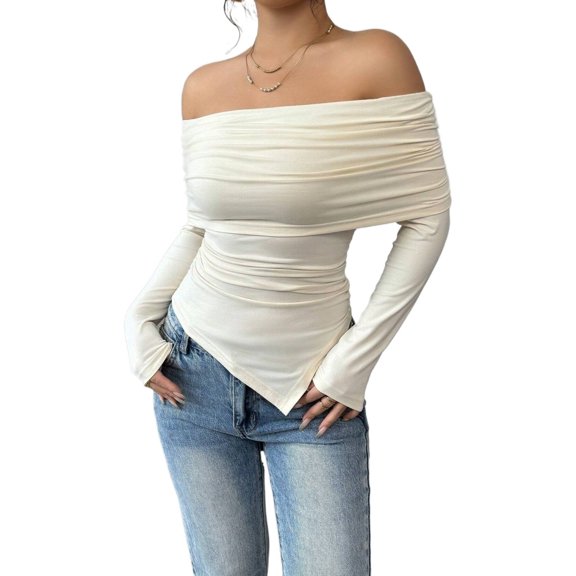 Womens Elegant Off Shoulder T-Shirt, Square Collar Slimming Fit Long Sleeve Summer Blouse For Women