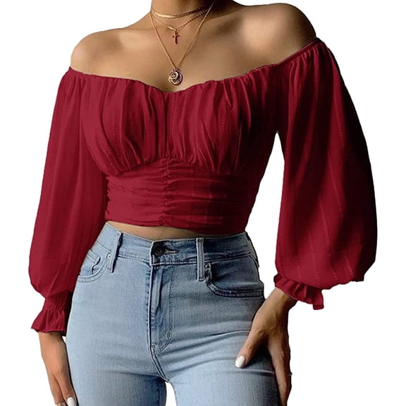 Womens Elegant Off The Shoulder Puff Sleeve Blouse Summer Chiffon Slim Fit Party Crop Top