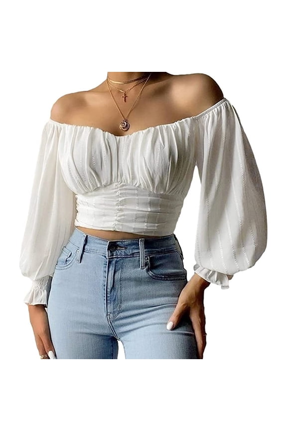 Womens Elegant Off The Shoulder Puff Sleeve Blouse Summer Chiffon Slim Fit Party Crop Top