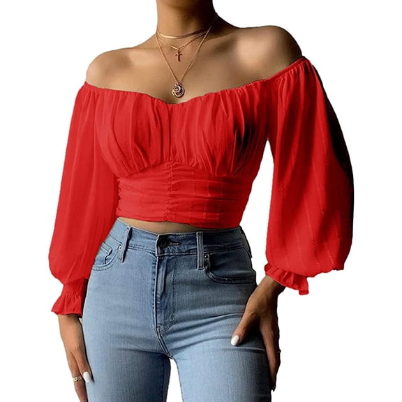 Womens Elegant Off The Shoulder Puff Sleeve Blouse Summer Chiffon Slim Fit Party Crop Top
